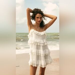 Women's ZARA IVORY RUFFLE MINI DRESS NWT XS SPAGHETTI STRAPS SIDE ZIP